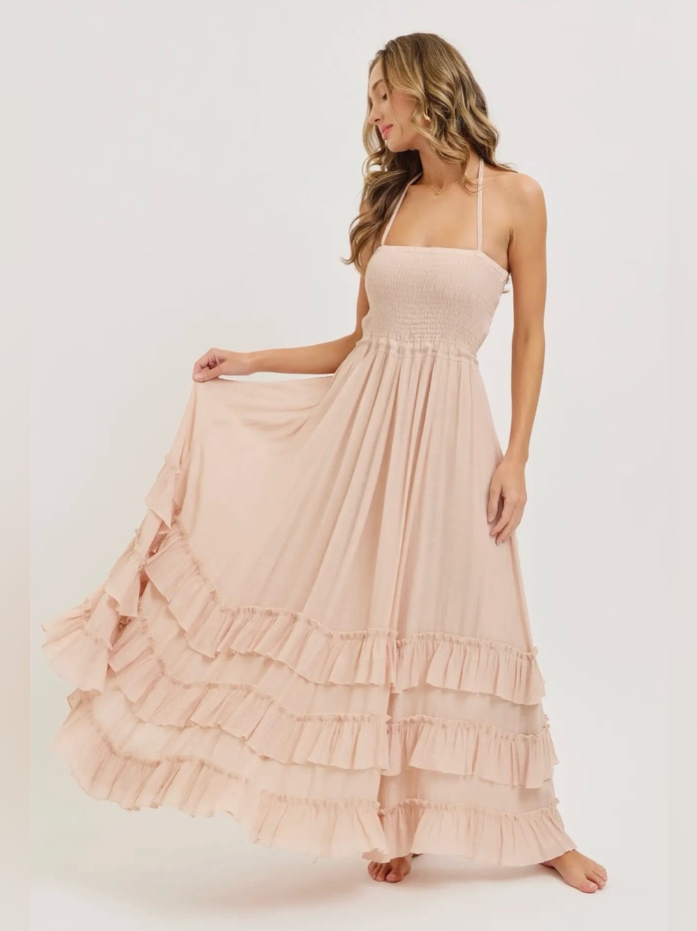 Fair Trade vegan Sweet Lovely by Jen Halter Smocked Ruffled Tiered Maxi Dress